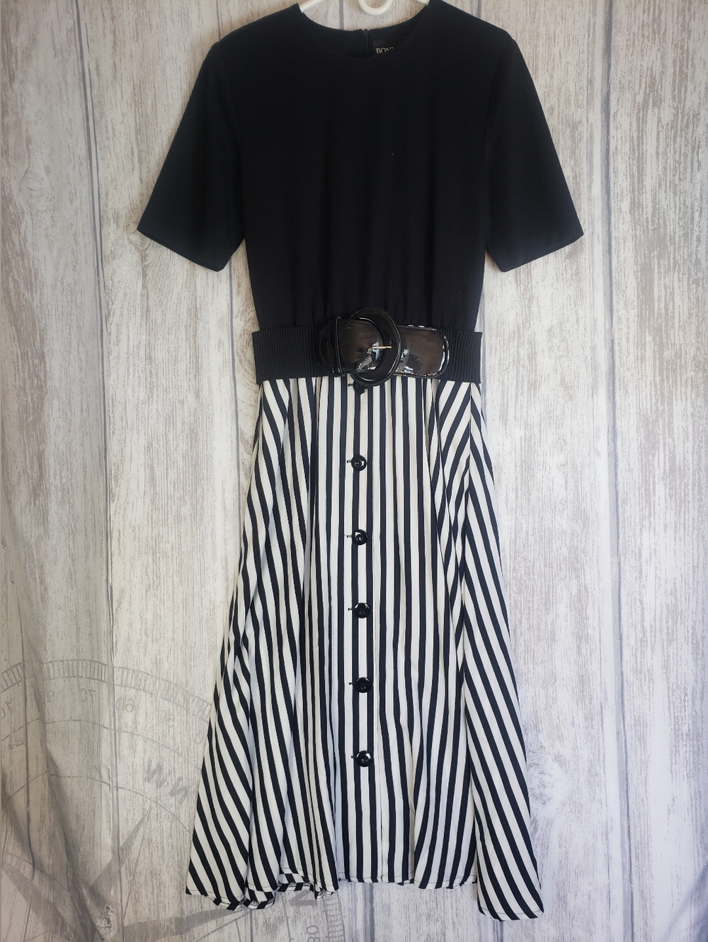 Vintage 80s 90s Bonnie Marx Stripe Midi Dress Knit Top A-line Skirt Belt 10 C2